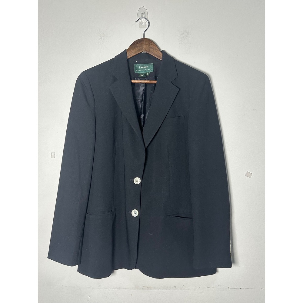VTG 90 Lauren Ralph Lauren Black 100% Wool Blazer Crested Buttons 8 Made in USA